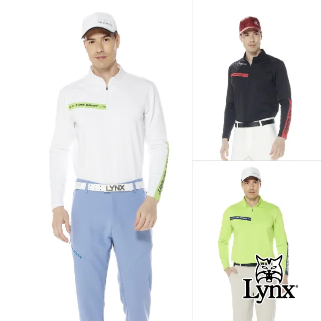 【Lynx Golf】男款合身版吸排功能保暖舒適內刷毛材質大山貓透明膠印款長袖立領POLO衫(三色)