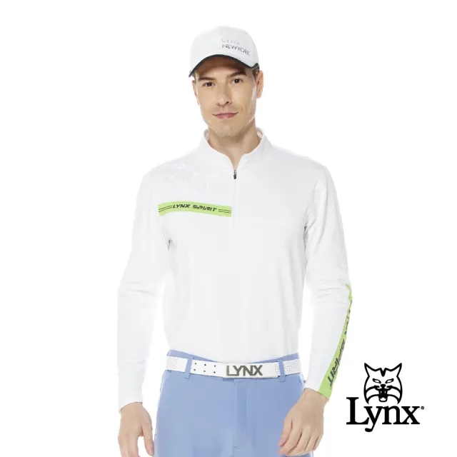 【Lynx Golf】男款合身版吸排功能保暖舒適內刷毛材質大山貓透明膠印款長袖立領POLO衫(三色)