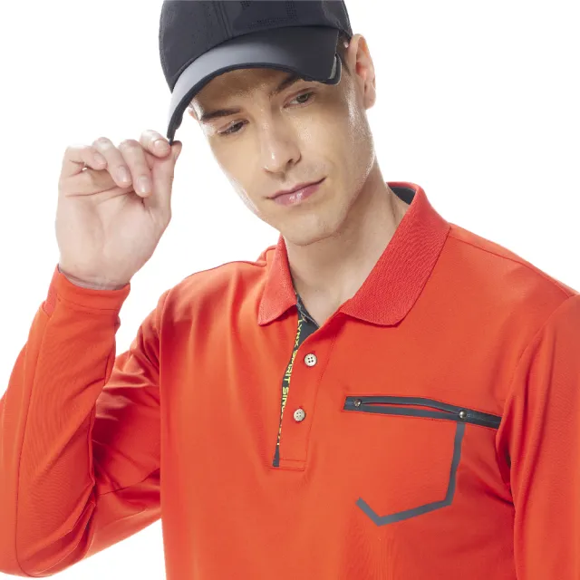 【Lynx Golf】男款遠紅外線功能保暖印花門襟造型胸袋設計長袖POLO衫(二色)