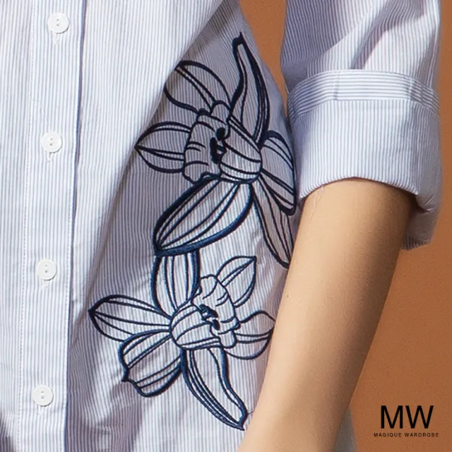 【MAGIQUE WARDROBE】長版條紋電繡襯衫(2色)