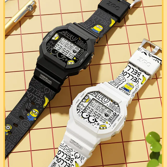 【MINIONS 小小兵】小小兵兒童手錶 小學生炫酷方形電子錶 夜光兒童錶-白色彩印款(電子錶 石英錶 平輸品)