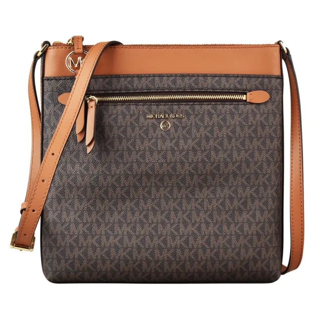 【Michael Kors】MK MICHAEL KORS JET SET經典字母LOGO滿版PVC牛皮飾邊拉鍊斜背包(深棕x橡子棕)