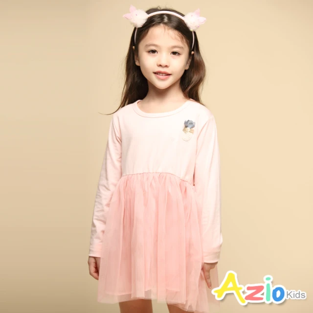 Azio Kids 美國派 女童 洋裝 立體鳳梨貼布網紗長袖洋裝(粉)