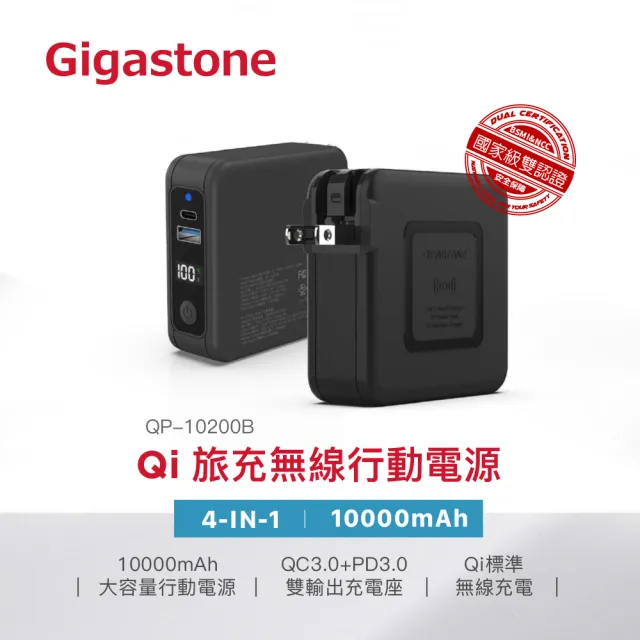 【Gigastone 立達國際】4合1 10000mAh行動電源+15W無線充 旅充充電器