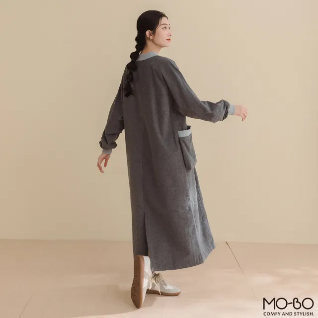 【MO-BO】餅乾口袋撞色磨毛洋裝(洋裝)