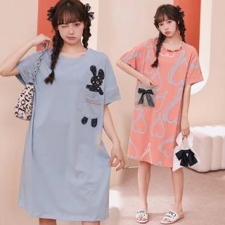 【Wonderland】純棉睡衣 寬鬆大碼居家服連身睡衣裙洋裝(女睡衣/連身睡衣/女睡衣居家服/居家睡衣/短袖睡衣)