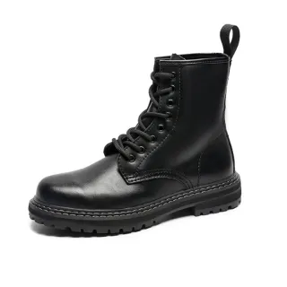 【JP Queen New York】男士特大尺碼牛皮繫帶工裝馬汀靴(黑色)
