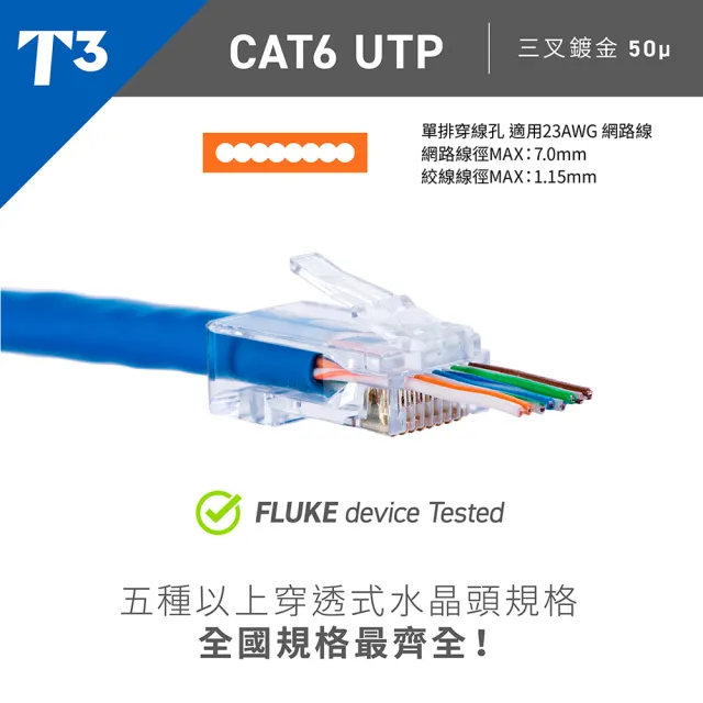 【美國T3】Cat6 穿透式水晶頭 UTP 50入(水晶頭 / 網路線頭)