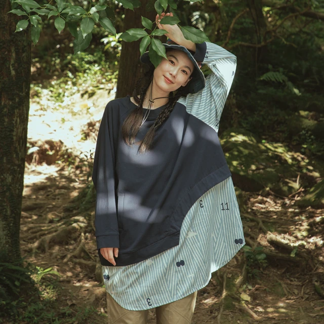 MOSS CLUB 日系圓領單排釦外罩型兩穿長袖洋裝(藍 卡