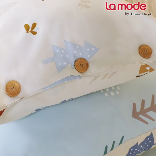 【La mode】活動品-環保印染100%精梳棉兩用被床包組-北歐夢奇地+咕咕博士兩用抱枕毯(單人)