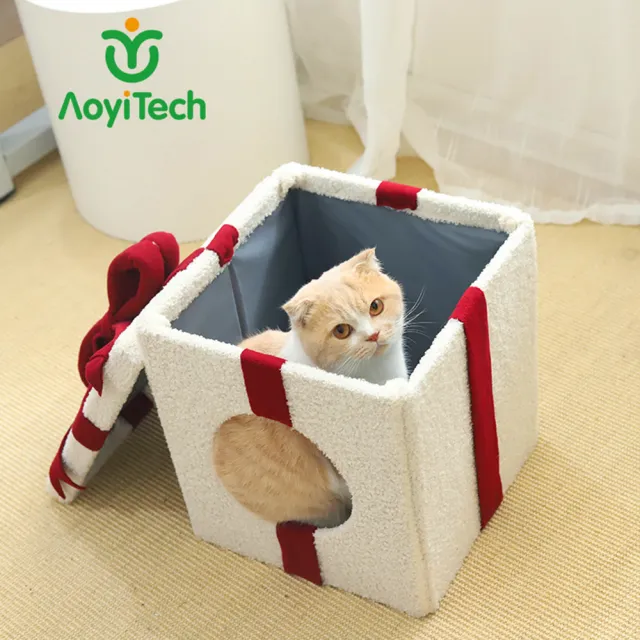 【AOYI奧藝】精品蝴蝶結禮盒貓窩 可拆卸貓窩(寵物玩具 貓咪玩具 保暖毛絨貓窩 寵物窩 貓床)