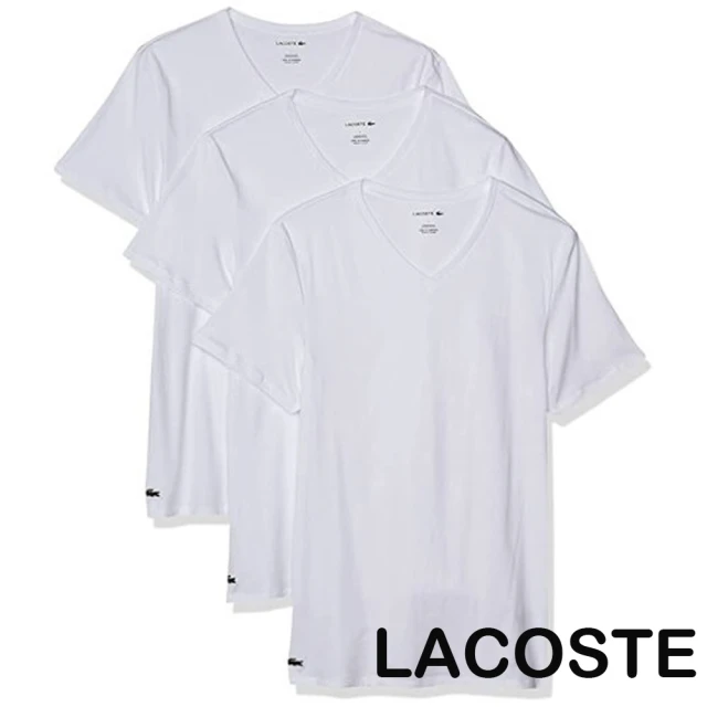 LACOSTE 2022男時尚棉質修身白色V領短袖內衣3件組-網