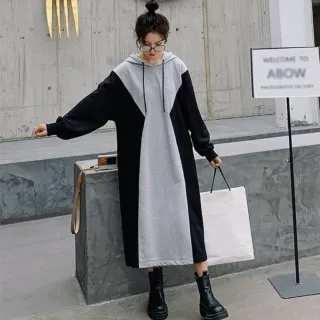 【Amay Style 艾美時尚】現貨 中大尺碼女裝 連身裙 休閒連帽時尚拼色長版洋裝。M-4XL(拼色)