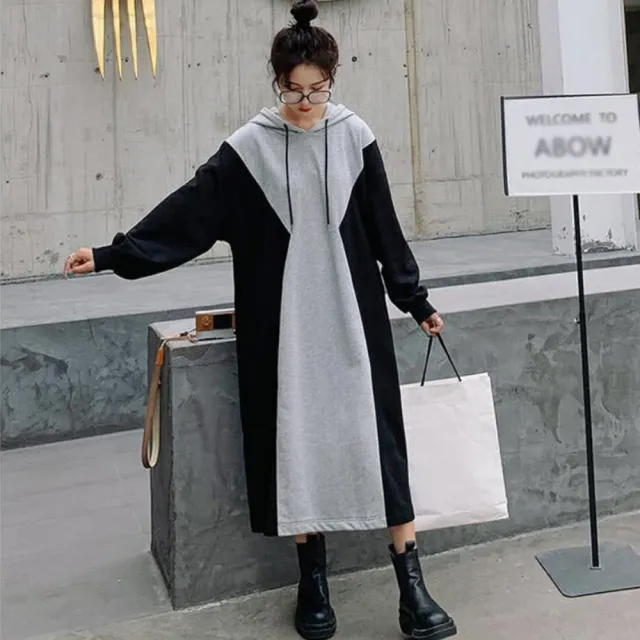 【Amay Style 艾美時尚】現貨 中大尺碼女裝 連身裙 休閒連帽時尚拼色長版洋裝。M-4XL(拼色)