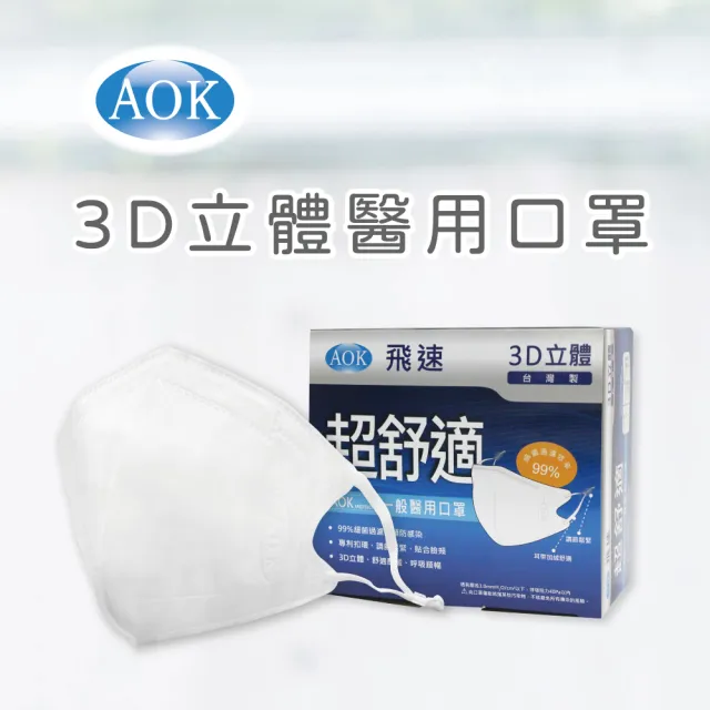 【AOK 飛速】3D立體醫用口罩2盒超值組-L-純白色 50入/盒(調節扣可調整耳帶鬆緊)