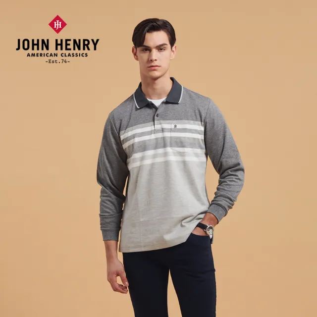 【JOHN HENRY】橫條紋刺繡口袋POLO衫-灰色