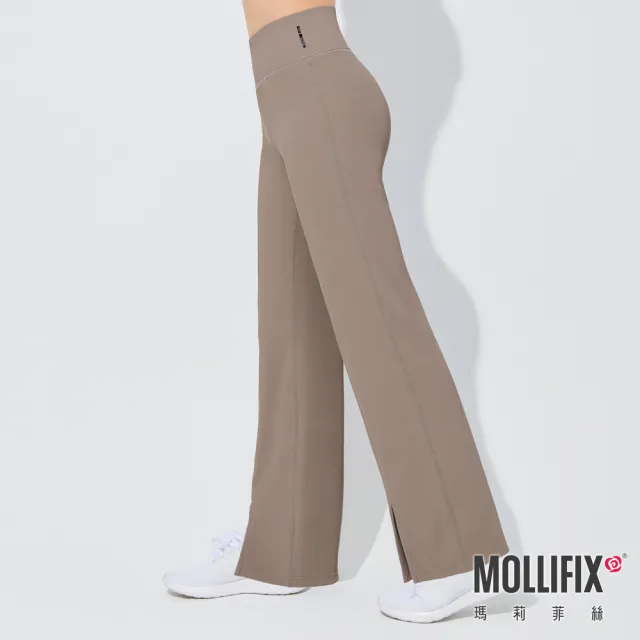 【Mollifix 瑪莉菲絲】TRULY坑條修身前岔直筒褲瑜珈褲、瑜珈服、Legging(褐)