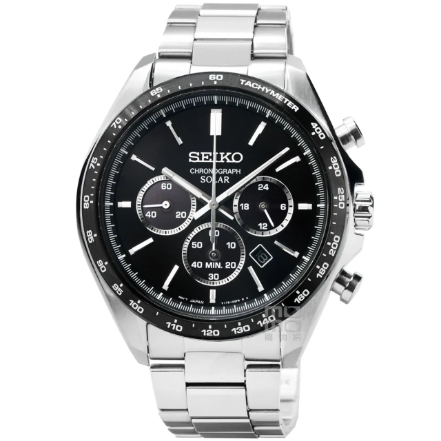 SEIKO 精工 精工太陽能藍寶石三眼計時鋼帶錶-黑(SBPY167)