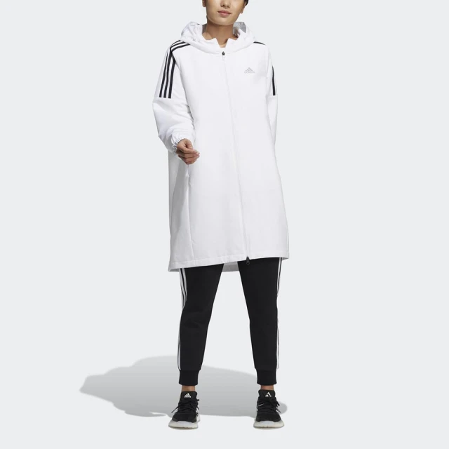 【adidas 愛迪達】Long WV JKT 女 連帽 外套 長版 運動 訓練 休閒 亞洲版 拉鍊口袋 白黑(HG1848)