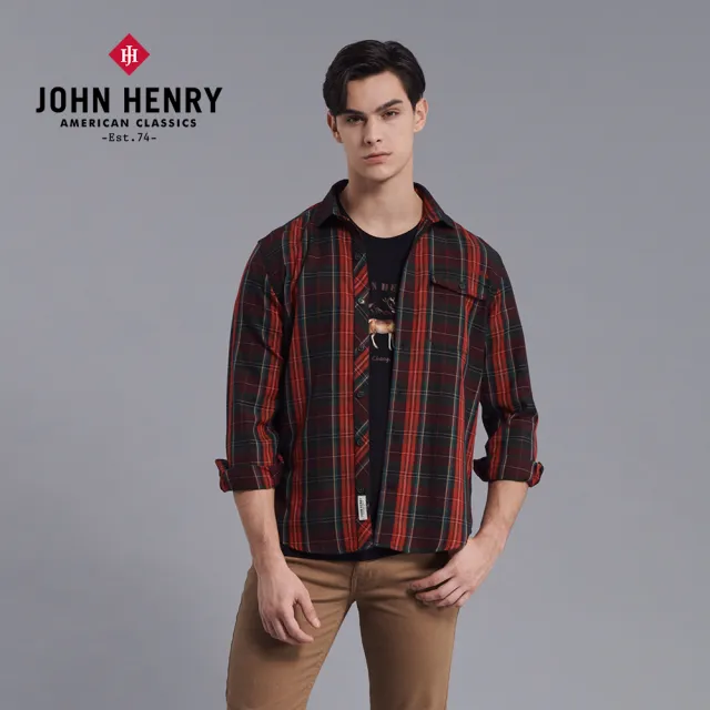 【JOHN HENRY】經典口袋格紋長袖襯衫-紅色