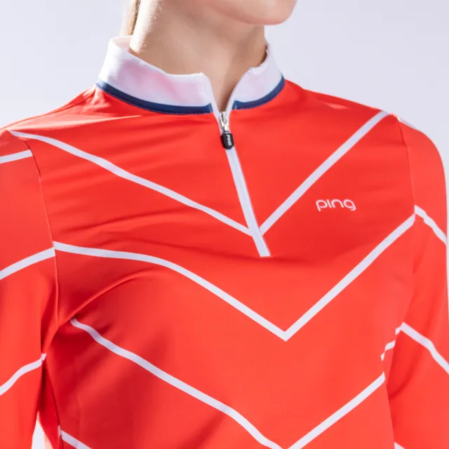 【PING】女款V循環條立領長袖POLO衫-橘(吸濕排汗/蓄熱保溫/GOLF/高爾夫球衫/RA22211-28)
