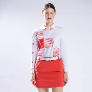 【PING】女款旗幟格紋薄長袖POLO衫-橘(吸濕排汗/蓄熱保溫/GOLF/高爾夫球衫/RA22206-28)