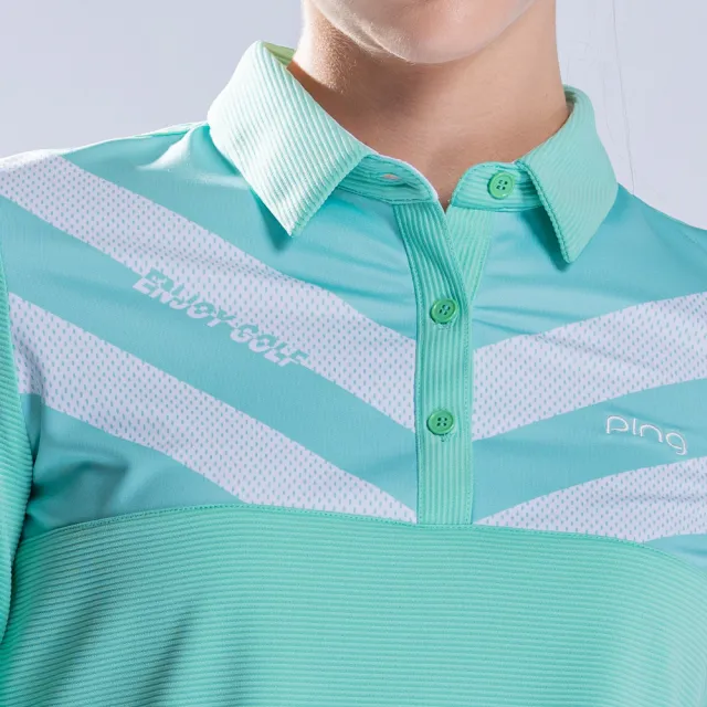 【PING】女款V字網點印條紋長袖POLO衫-綠(吸濕排汗/抗UV/GOLF/高爾夫球衫/RA22207-45)