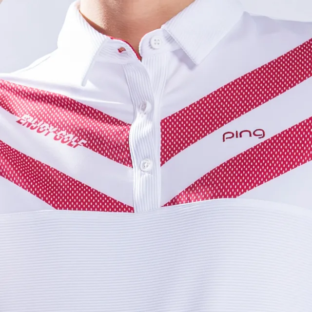 【PING】女款V字網點印條紋長袖POLO衫-白(吸濕排汗/抗UV/GOLF/高爾夫球衫/RA22207-87)