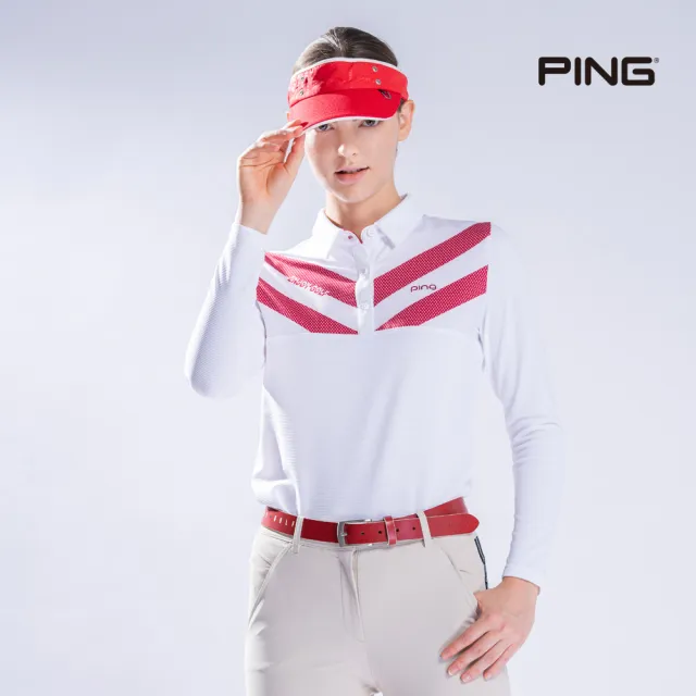 【PING】女款V字網點印條紋長袖POLO衫-白(吸濕排汗/抗UV/GOLF/高爾夫球衫/RA22207-87)