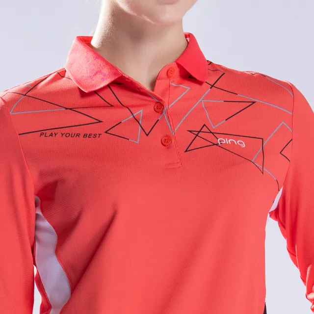 【PING】女款科技線條印花薄長袖POLO衫-紅(吸濕排汗/抗UV/GOLF/高爾夫球衫/RA22209-18)