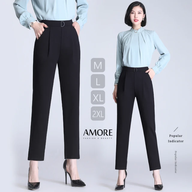 【Amore】韓版高腰彈力顯瘦打摺西裝褲(高品質彈力布料)