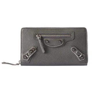 【Balenciaga 巴黎世家】METALLIC EDGE 銀釦拉鍊長夾(深灰)
