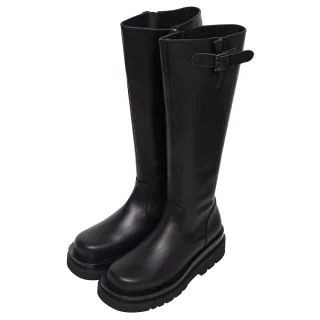 【Ann’S】就是比較瘦-頂級牛皮帥氣側邊單折方釦輕量厚底及膝長靴5cm(黑)