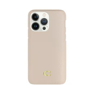 【COACH】iPhone 14 Plus 精品真皮手機殼 粉白色經典大C(保護殼/手機套)