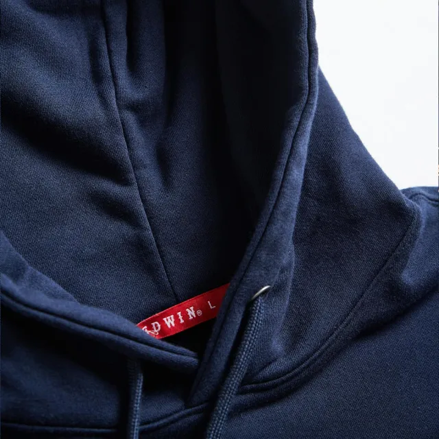【EDWIN】男裝 人氣復刻款 疊印LOGO連帽厚長袖T恤(丈青色)