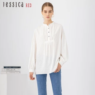 【Jessica Red】舒適亞麻混紡風琴褶長袖襯衫82413C