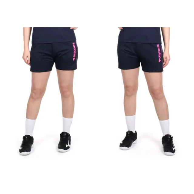 【DESCENTE】女運動短褲-三分褲 排球 運動 針織 慢跑 訓練 迪桑特 丈青亮粉(DSP-1306WT-NPK)