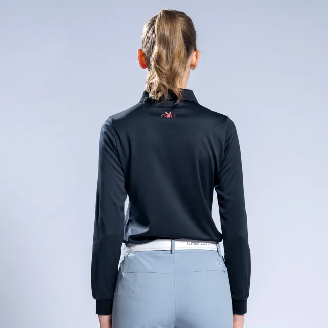 【PLAYBOY GOLF】女款素色剪接薄長袖POLO衫-黑(吸濕排汗/高爾夫球衫/KA22203-88)