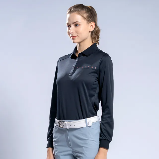 【PLAYBOY GOLF】女款素色剪接薄長袖POLO衫-黑(吸濕排汗/高爾夫球衫/KA22203-88)