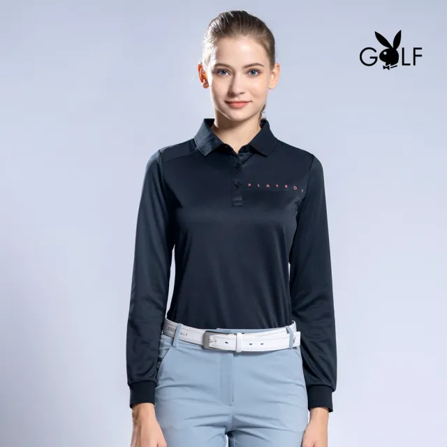 【PLAYBOY GOLF】女款素色剪接薄長袖POLO衫-黑(吸濕排汗/高爾夫球衫/KA22203-88)