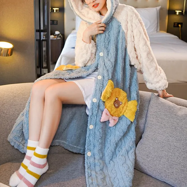 【Amhome】新款睡袍睡衣長袖法蘭絨甜美可愛少女長款浴袍珊瑚絨家居服保暖外套#114538(4色)