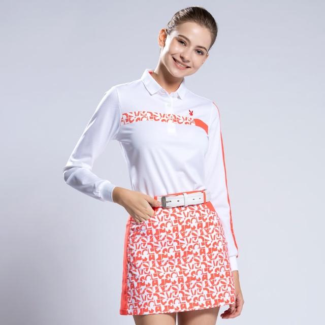 【PLAYBOY GOLF】女款定位圖騰剪接長袖POLO衫-白(吸濕排汗/抗UV/高爾夫球衫/KA22207-87)