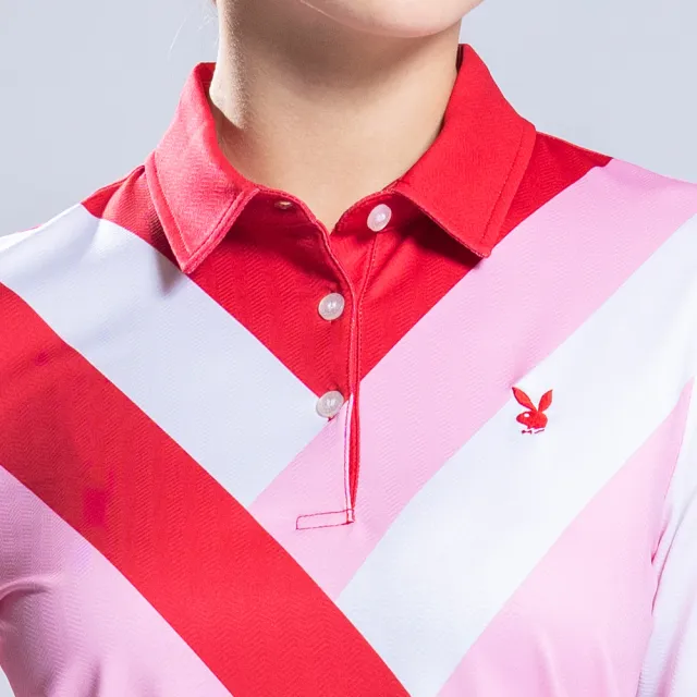 【PLAYBOY GOLF】女款V型配色薄長袖POLO衫-紅(吸濕排汗/抗UV/高爾夫球衫/KA22201-18)