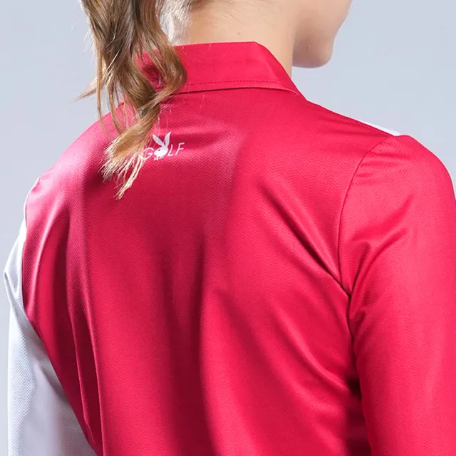 【PLAYBOY GOLF】女款V型配色薄長袖POLO衫-紅(吸濕排汗/抗UV/高爾夫球衫/KA22201-18)