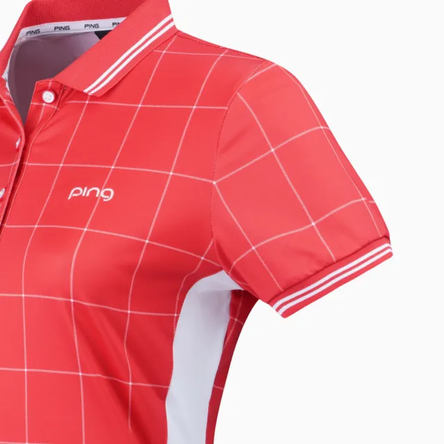 【PING】女款格紋短袖 POLO衫-紅(吸濕排汗/抗UV/GOLF/高爾夫球衫/RA21109-18)