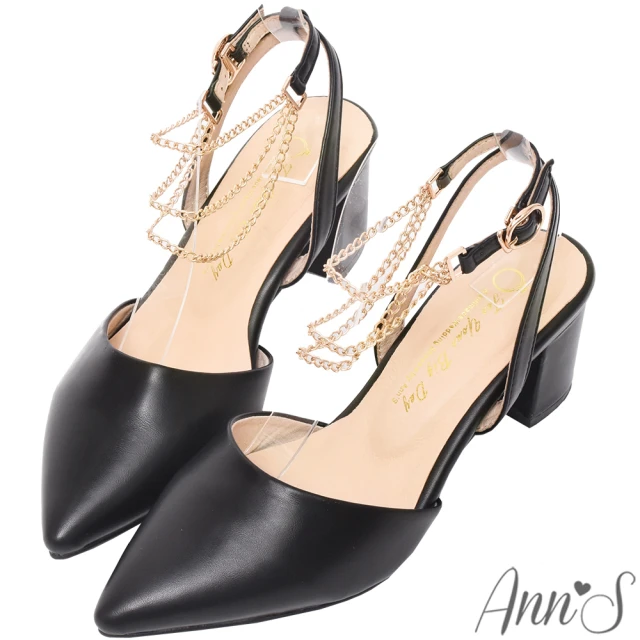 【Ann’S】優雅心動-腳鍊造型金鍊粗跟尖頭鞋5.5cm-版型偏小(黑)