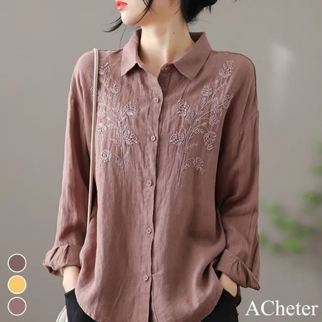 【ACheter】棉麻刺繡翻領長袖寬鬆休閒短版襯衫上衣#113535現貨+預購(3色)