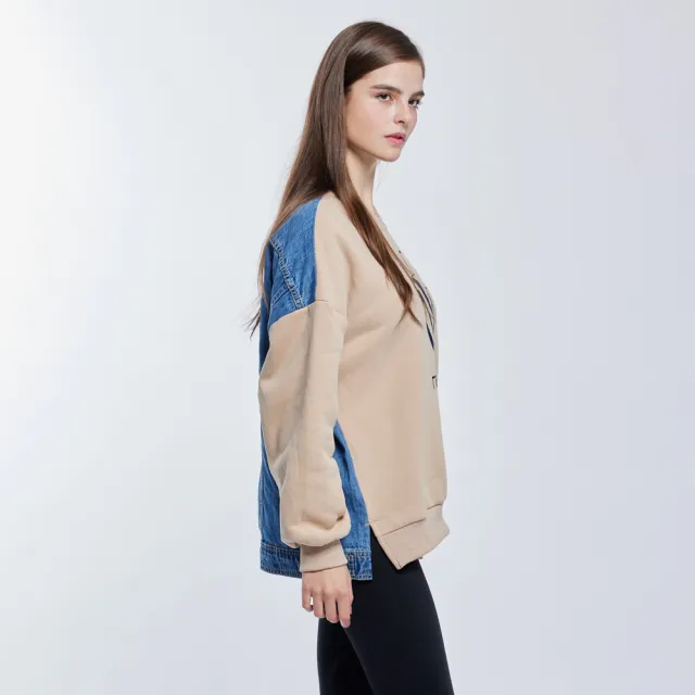 【NAUTICA】女裝 品牌LOGO異材質拼接刷毛大學T(卡其)