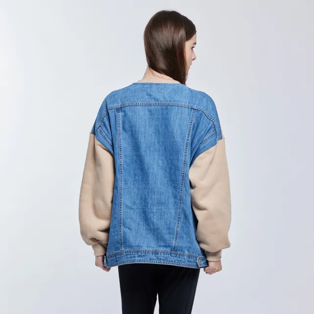 【NAUTICA】女裝 品牌LOGO異材質拼接刷毛大學T(卡其)