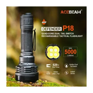 【ACEBEAM】錸特光電 P18 5000流明 四核燈珠(629米 超遠射 戰術手電筒 4x SFT40 LED USB-C充電)